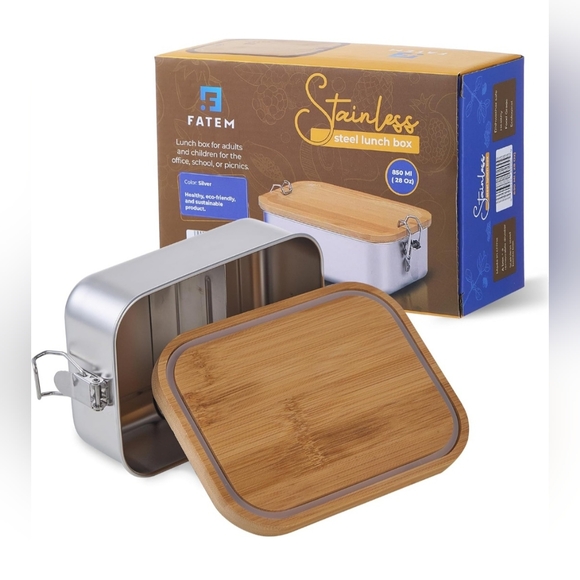 Source Unknown Other - FATEM Stainless Steel Lunch Box with Bamboo Lid - Silver and Natural Wood